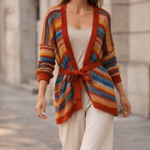 Kontatto Italy Multicolour Open Knit Belted Cardigan Boho Festival Size Medium